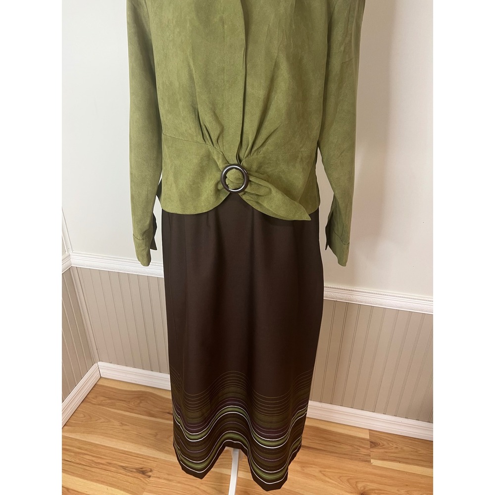 Karin Stevens Vintage 2 Piece Skirt Set Olive Faux Suede Jacket Brown Midi 12P